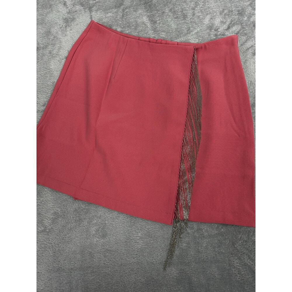 Rock and Roll Denim Medium Pink Mini Skirt Silver Chain Fringe Western Cowgirl